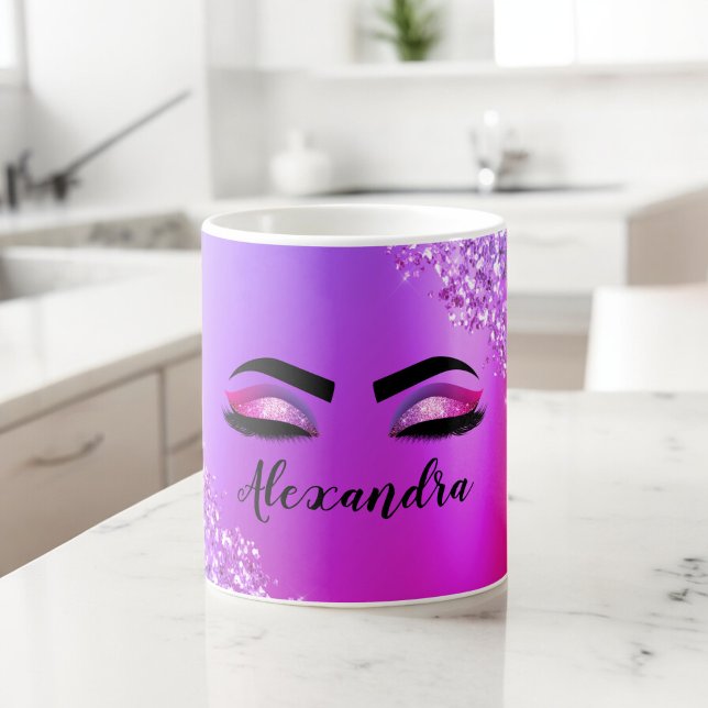 Purple Pink Monogram Glitter Eyelashes Modern Coffee Mug (Creator Uploaded)