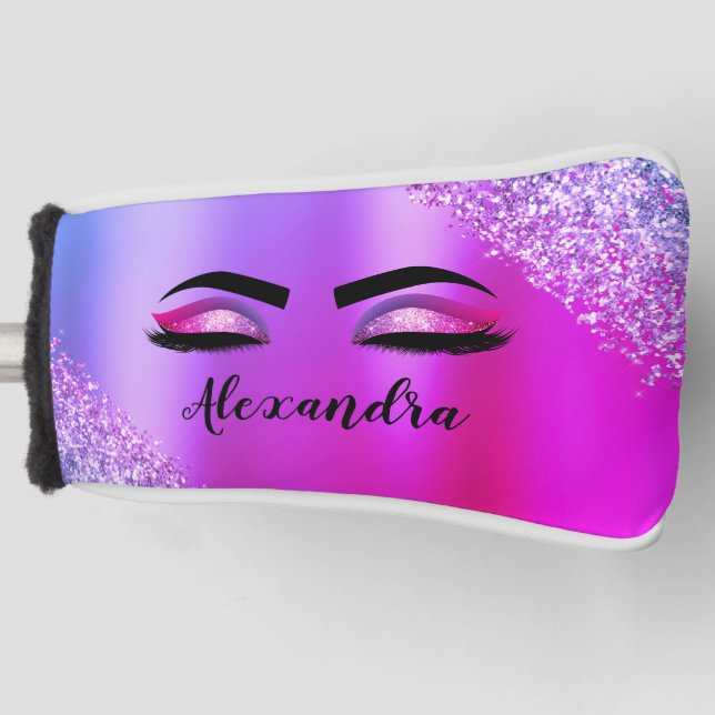 Purple Pink Monogram Glitter Eyelashes Modern Golf Head Cover (Front)