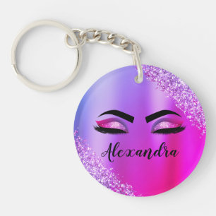 Purple Pink Monogram Glitter Eyelashes Modern Key Ring