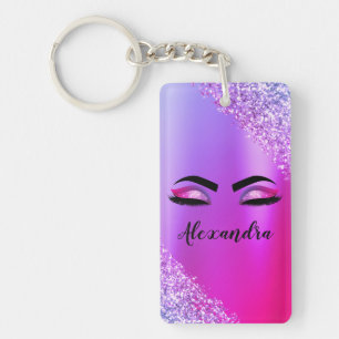 Purple Pink Monogram Glitter Eyelashes Modern Key Ring