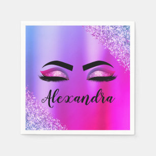 Purple Pink Monogram Glitter Eyelashes Modern Napkin