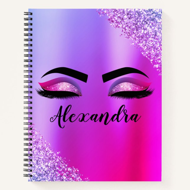 Purple Pink Monogram Glitter Eyelashes Modern Notebook (Front)