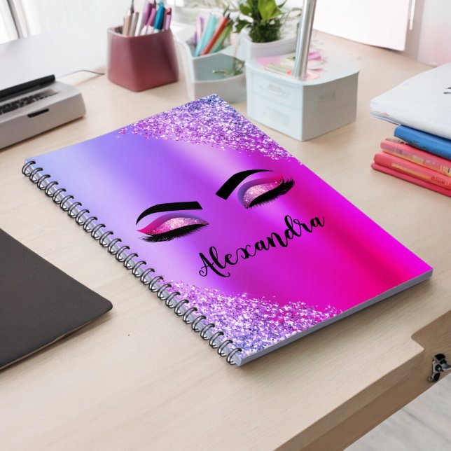 Purple Pink Monogram Glitter Eyelashes Modern Notebook (Creator Uploaded)