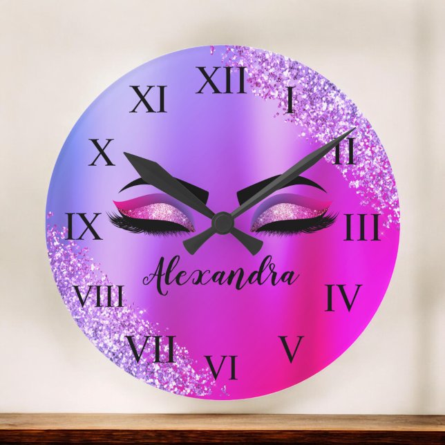 Purple Pink Monogram Glitter Eyelashes Modern Round Clock (Creator Uploaded)
