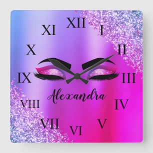 Purple Pink Monogram Glitter Eyelashes Modern Square Wall Clock