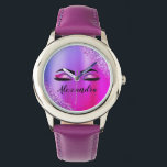 Purple Pink Monogram Glitter Eyelashes Modern Watch<br><div class="desc">Purple and Pink Faux Foil Metallic Sparkle Glitter Brushed Metal Monogram Name and Initial Eyelashes (Lashes),  Eyelash Extensions and Eyes Makeup Watch. This makes the perfect sweet 16 birthday,  wedding,  bridal shower,  anniversary,  baby shower or bachelorette party gift for someone decorating her room in trendy cool style.</div>