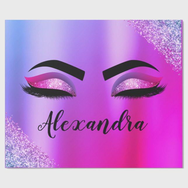 Purple Pink Monogram Glitter Eyelashes Modern Wrapping Paper (Flat)