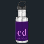 Purple pink monogram initials name modern 532 ml water bottle<br><div class="desc">A deep purple background. Pink coloured text. Personalise and add your monogram initials and your name.</div>