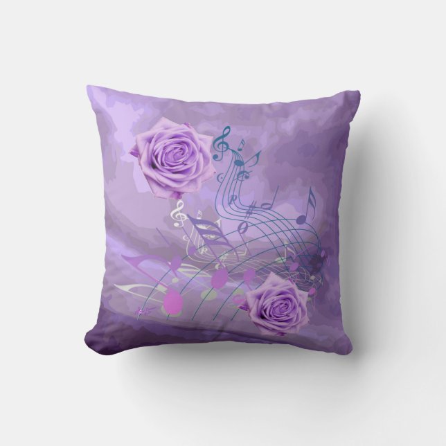 Purple & Pink Music Notes & Roses Square Pillow (Front)