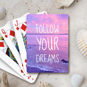 Purple Pink Ocean Beach Sunset Follow Your Dreams Playing Cards