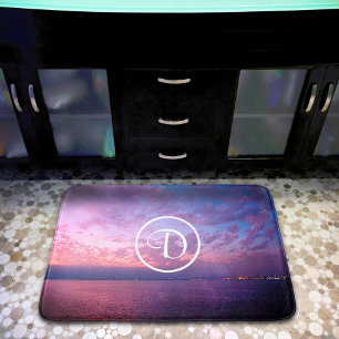 Purple pink ocean sunset photography monogram bold bath mat