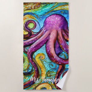 Purple Pink Octopus with Personalised Name Beach Towel