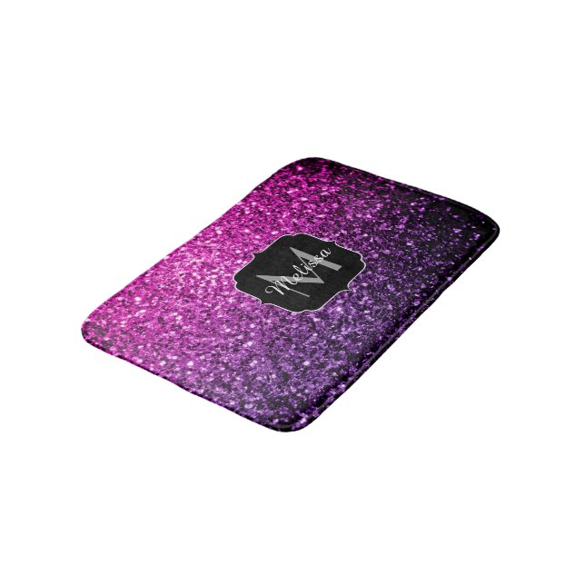 Purple Pink Ombre faux glitter sparkles Monogram Bath Mat (Angled)