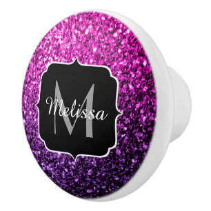 Purple Pink Ombre faux glitter sparkles Monogram Ceramic Knob