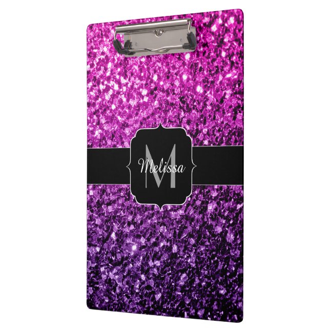 Purple Pink Ombre faux glitter sparkles Monogram Clipboard (Left)