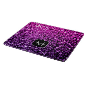 Purple Pink Ombre faux glitter sparkles Monogram Cutting Board