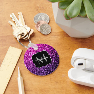 Purple Pink Ombre faux glitter sparkles Monogram Key Ring