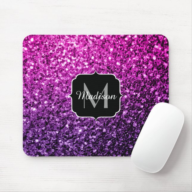 Purple Pink Ombre faux glitter sparkles Monogram Mouse Pad (With Mouse)