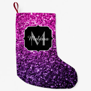Purple Pink Ombre faux glitter sparkles Monogram Small Christmas Stocking