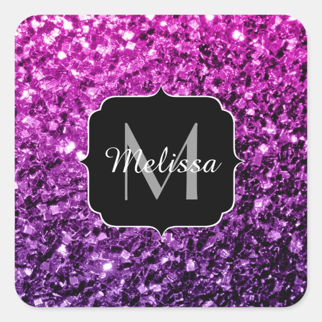 Purple Pink Ombre faux glitter sparkles Monogram Square Sticker (Front)