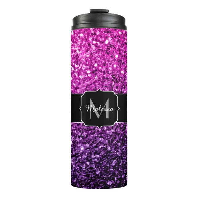 Purple Pink Ombre faux glitter sparkles Monogram Thermal Tumbler (Front)