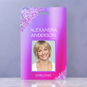 Purple Pink Ombre Glitter Office Business ID Badge