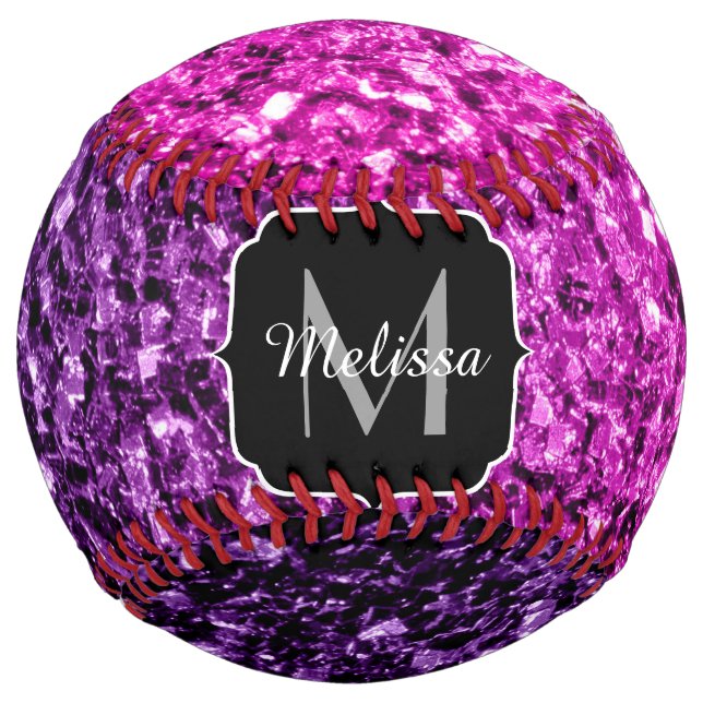 Purple pink ombre glitter sparkle Monogram name Softball (Front)