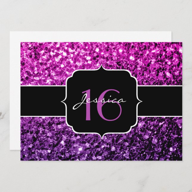 Purple Pink Ombre glitter sparkles Sweet 16 Invite (Front/Back)