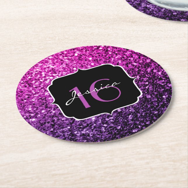 Purple Pink Ombre glitter sparkles Sweet 16 Round Paper Coaster (Angled)