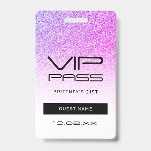 Purple Pink Ombre Glitter VIP Pass Party Invite ID Badge