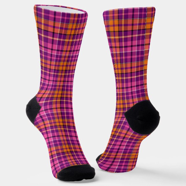 Purple Pink Orange Plaid Tartan Design  Socks (Angled)