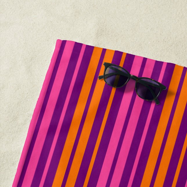 Purple Pink Orange Vertical Stripes Design   Beach Towel (In Situ)