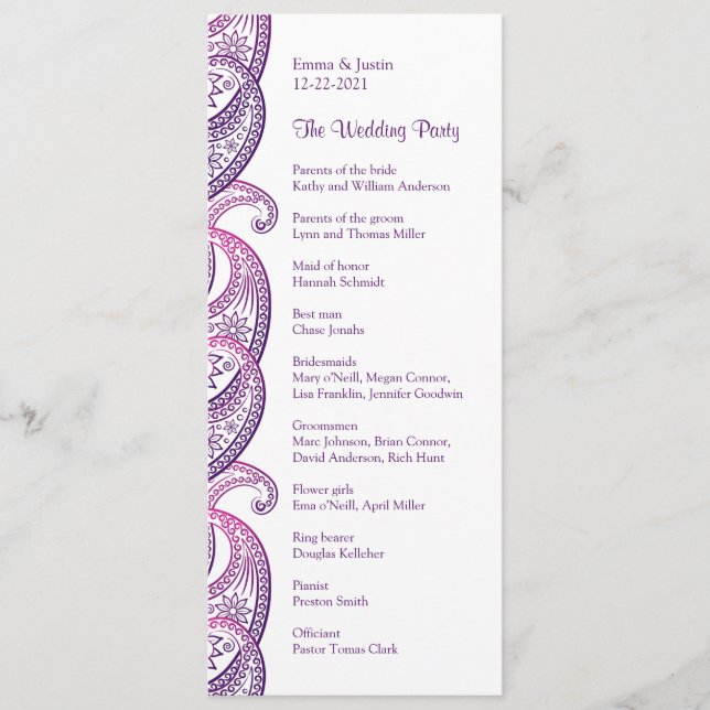 Purple & Pink Paisley Traditional Indian Wedding Programme (Front)