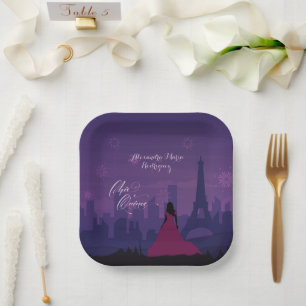 Purple Pink Paris Fireworks Quinceañera Paper Plate