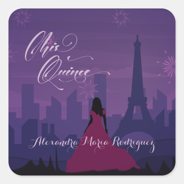 Purple Pink Paris Fireworks Quinceañera Square Sticker (Front)