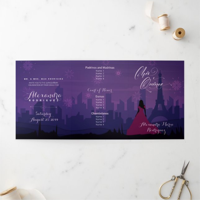 Purple Pink Paris Fireworks Quinceañera Tri-Fold I (Outside)