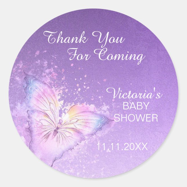 Purple Pink Pastel Butterfly Thank You Baby Shower Classic Round Sticker (Front)