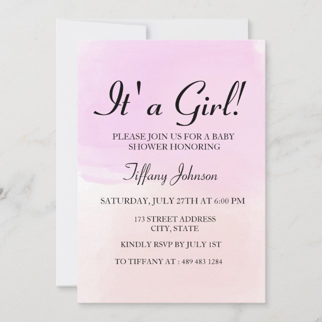 Purple Pink Pastel Ombre its A Girl Baby Shower Invitation (Front)