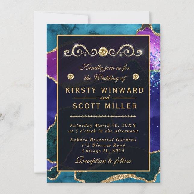 Purple & Pink Peacock Agate & gold glitter Wedding Invitation (Front)