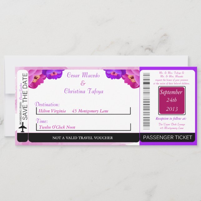 Purple/Pink Peony Boarding Pass Wedding Invitation (Front)