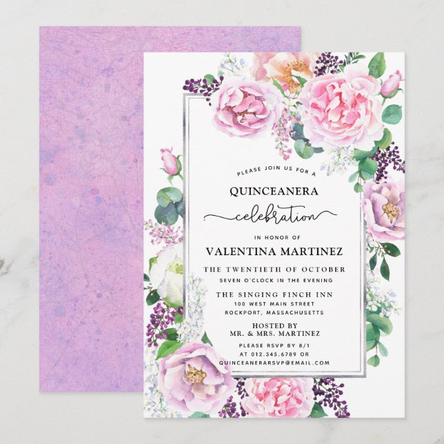 Purple Pink Peony Rose Floral Quinceanera Invitation (Front/Back)