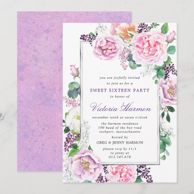 Purple Pink Peony Rose Floral Sweet 16 Party Invitation (Front/Back)