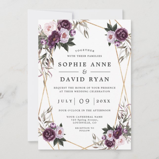 Purple Pink Peony Rose Gold All In One Wedding Invitation (Front)