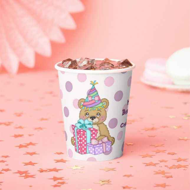 Purple Pink Polka Dot Bear Birthday Paper Cups (Insitu)