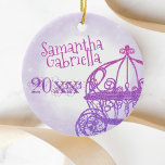 Purple, Pink Quinceanera Christmas Ornament<br><div class="desc">Commemorate your Quinceañera, special birthday, or arrival of a new baby with a purple and pink personalised / custom Christmas ornaments. Purple watercolor background with glitter horse carriage will beautifully transfer to other gifts. This whimsical horse carriage Quinceanera ornament is dazzling as a wide variety of other ornaments, stickers, boxes,...</div>