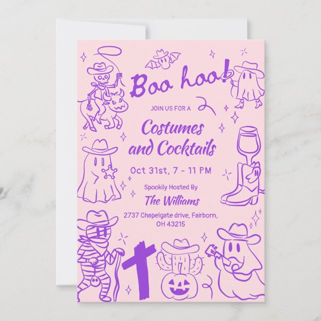 Purple Pink Quirky Hand Drawn Cowboy Halloween Invitation (Front)