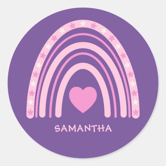 Purple Pink Rainbow Name School Classic Round Sticker (Front)