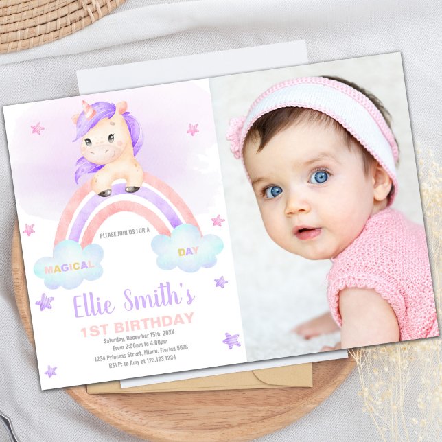Purple Pink Rainbow Unicorn Birthday Invitation (Purple Pink Rainbow Unicorn Invitations with photo)