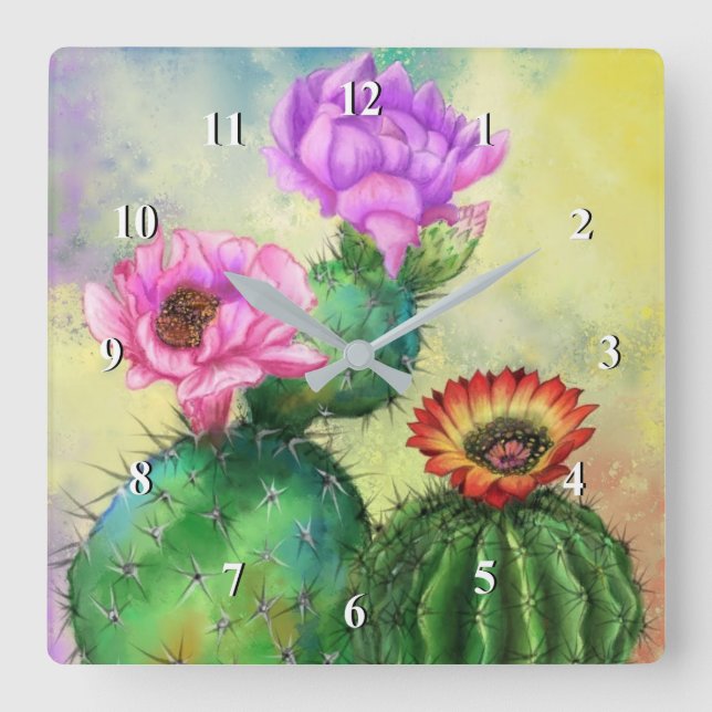 Purple Pink Red Cactus Flowers Migned Painting Art Square Wall Clock (Front)