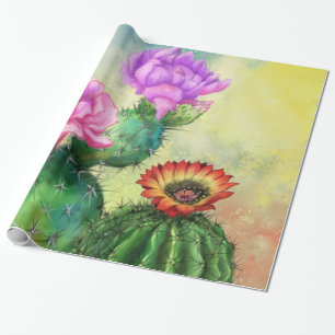 Purple Pink Red Cactus Flowers Migned Painting Art Wrapping Paper